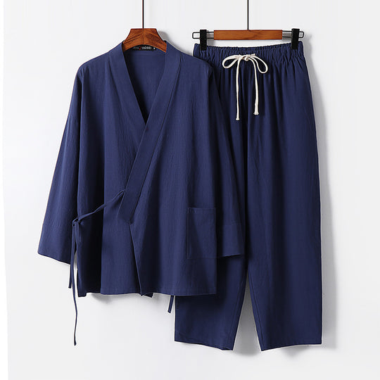 Unisex Leichtes Kimono-Lounge-Set aus weichfallendem Baumwoll-Mix mit Tunnelzughose Nord Taschen