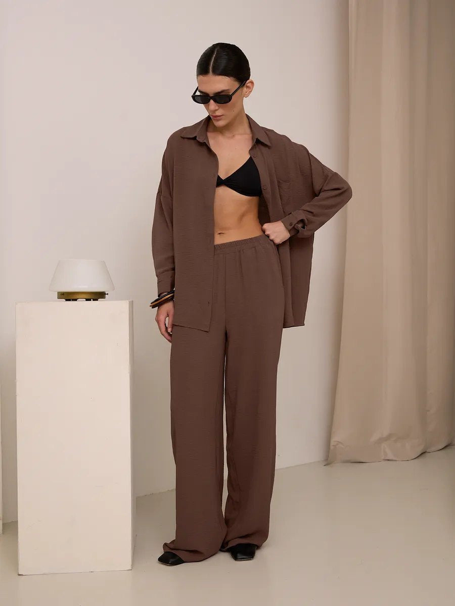 Damen Zweiteiliges Lounge-Set Oversize-Bluse mit Brusttasche und weiter Palazzo-Hose Nord Taschen