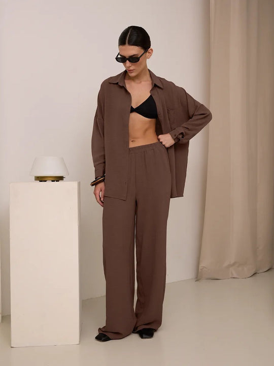Damen Zweiteiliges Lounge-Set Oversize-Bluse mit Brusttasche und weiter Palazzo-Hose Nord Taschen