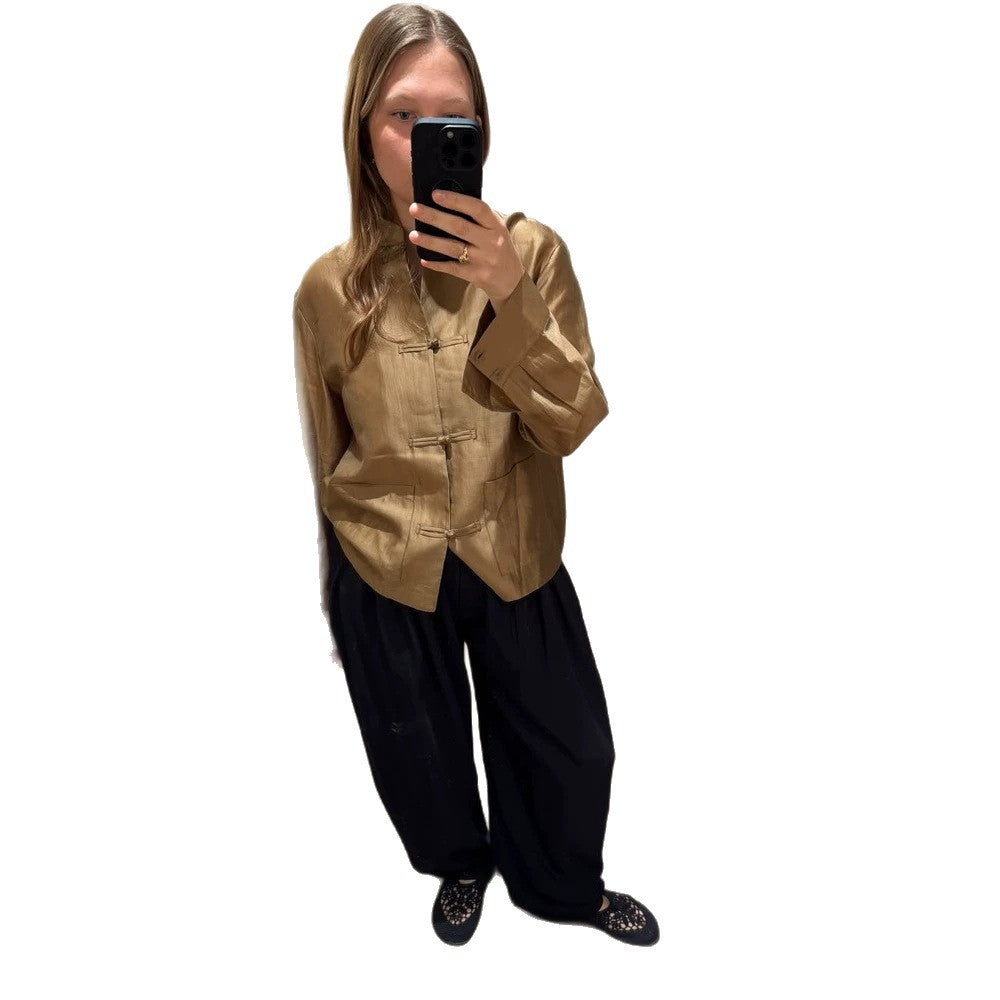 Damen Chinesisch-inspiriertes Tunika-Hemd mit Stehkragen, Knotenverschlüssen & Crinkle-Textur Nord Taschen
