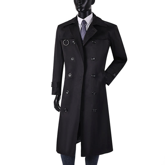 Herren Doppelreihiger Trenchcoat mit Taillierung, Reverskragen und dekorativem Metallring Nord Taschen