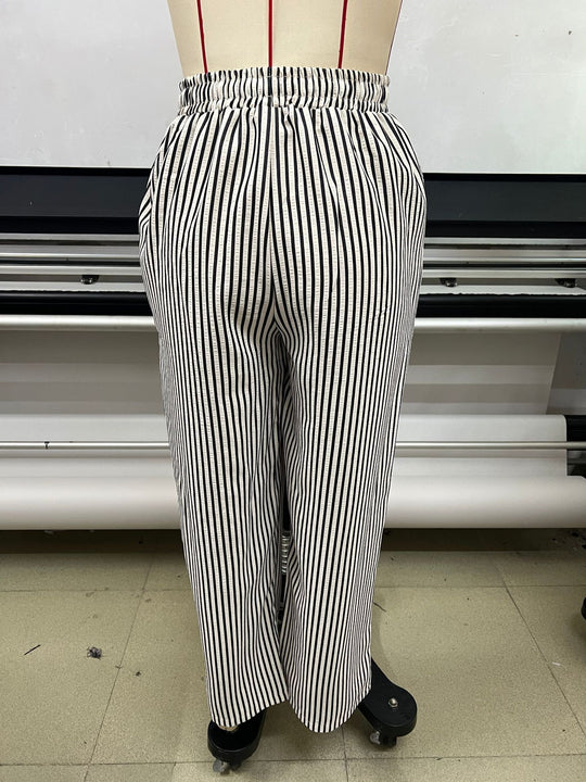 Damen Weite Highwaist-Hose mit Tunnelzug Streifen-Leinenoptik und Eingrifftaschen Nord Taschen