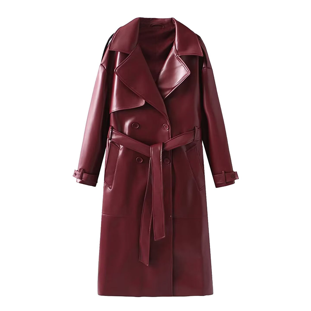 Damen 40+ langer Trenchcoat aus Kunstleder mit Taillengürtel und doppelreihiger Knopfleiste Nord Taschen