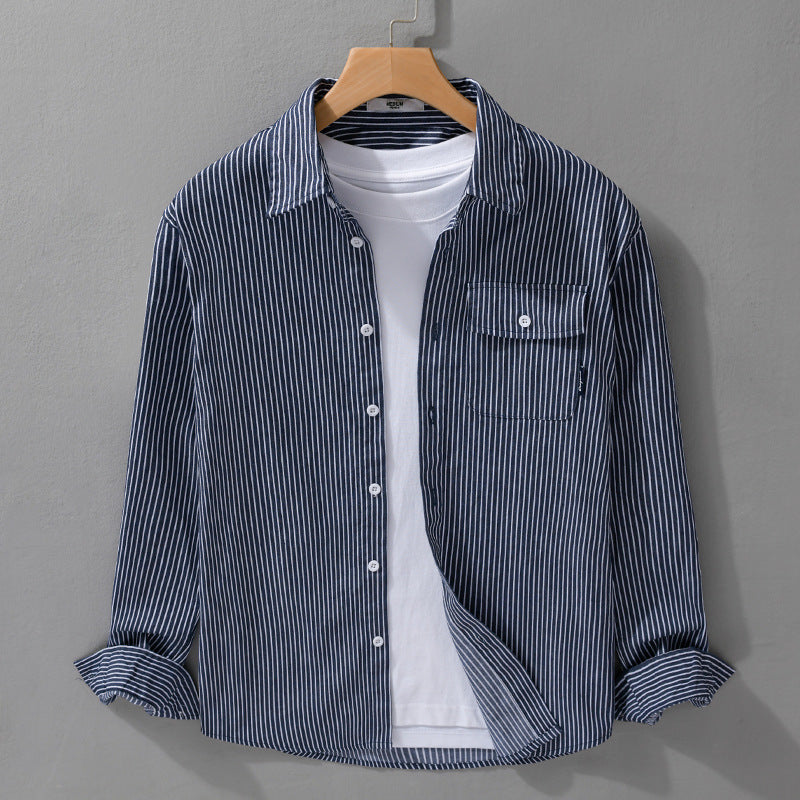 Herren Leichtes gestreiftes Hemdjacken-Overshirt aus Baumwoll-Leinenmix mit Brusttasche Nord Taschen