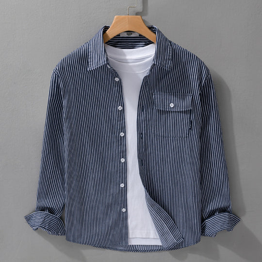 Herren Leichtes gestreiftes Hemdjacken-Overshirt aus Baumwoll-Leinenmix mit Brusttasche Nord Taschen