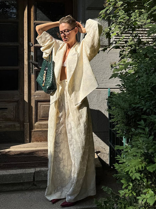 Damen Zweiteiliges Jacquard-Hosen-Set mit Oversize-Boxy-Blazer und hochgeschnittener Palazzo-Hose Nord Taschen