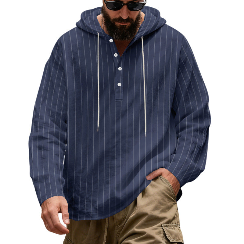 Herren Lässiges Kapuzen-Henleyshirt mit feinen Nadelstreifen und Knopfleiste Nord Taschen