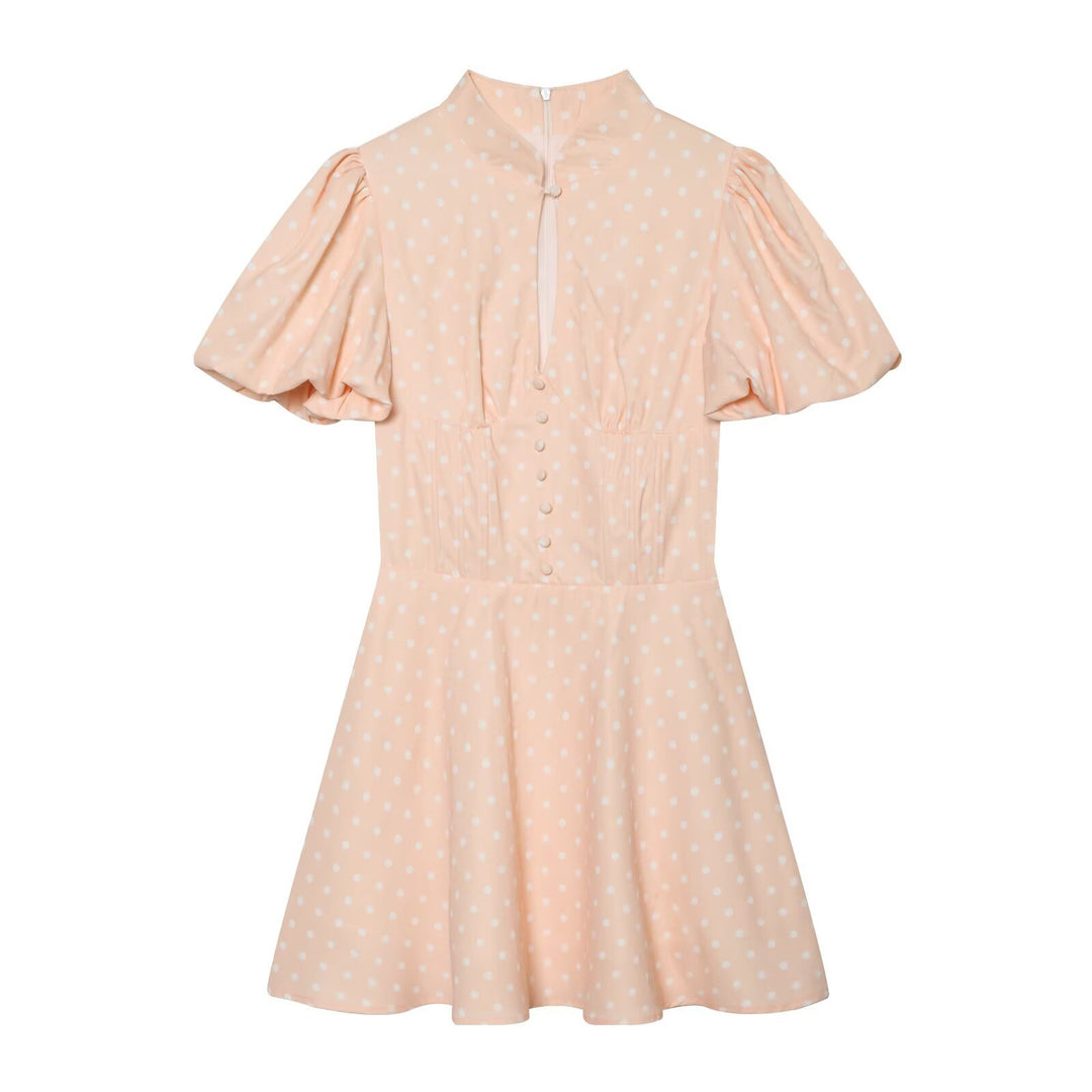 Damen Gepunktetes A‑Linien‑Kleid mit Stehkragen, Taillierung und Ballonärmeln Nord Taschen