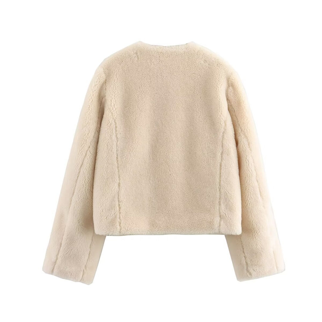 Damen Kurz geschnittene Teddyjacke mit Knebelverschlüssen und aufgesetzten Taschen Nord Taschen