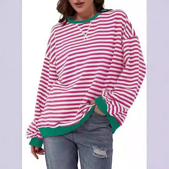Damen Gestreifter Oversize Pullover mit Kontrastbündchen Nord Taschen