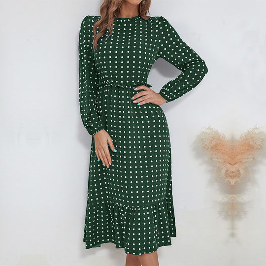Damen Midikleid im Retro-Polka-Dot-Stil mit Stehkragen, taillierter Raffung und Volant Nord Taschen
