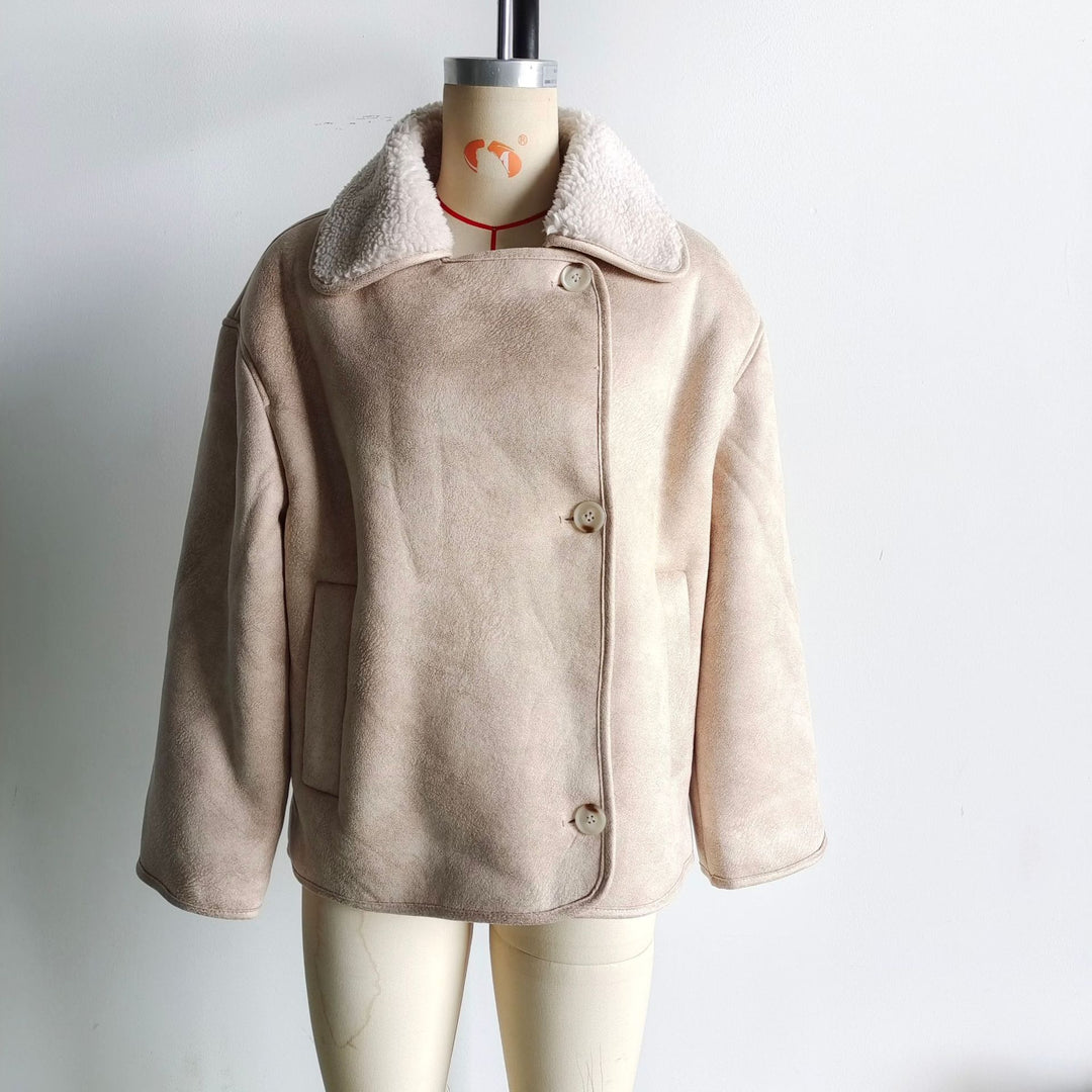 Damen Boxy Jacke in Lammfelloptik mit Teddyfutter und großem Umlegekragen Nord Taschen