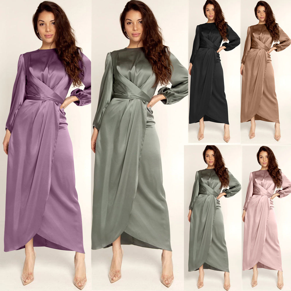 Damen Elegantes Maxikleid aus Satin mit Wickel-Detail, Langarm und Taillenband Nord Taschen