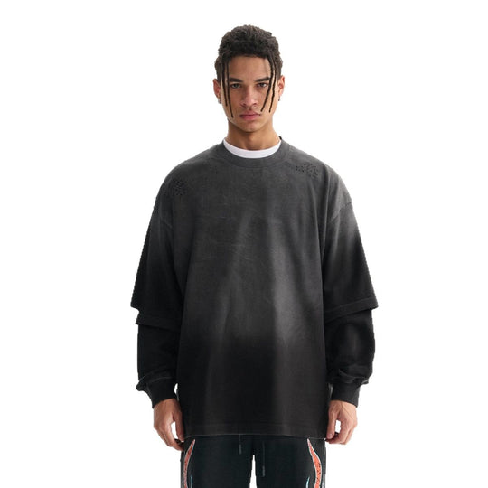 Herren Layered-Langarmshirt mit doppellagigen Ärmeln, verwaschener Vintage-Waschung und dezenten Ausfransungen Nord Taschen