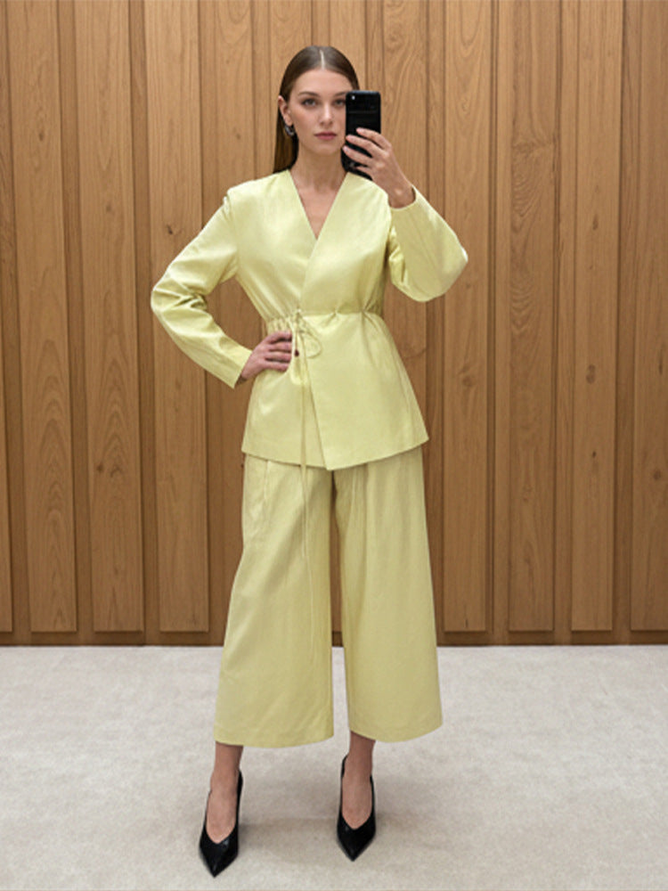 Damen Wickelblazer mit Tunnelzug und weiter Culotte‑Hose Zweiteiler Nord Taschen