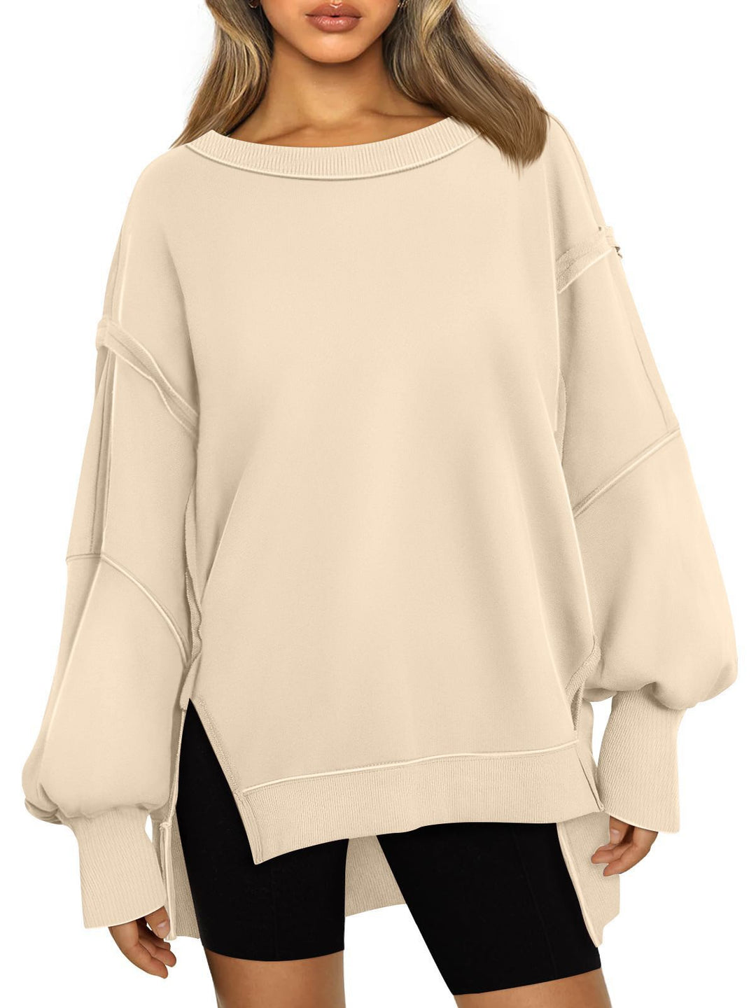 Damen Weiches Longline-Sweatshirt mit Ballonärmeln, seitlichen Schlitzen und geripptem Saum Nord Taschen