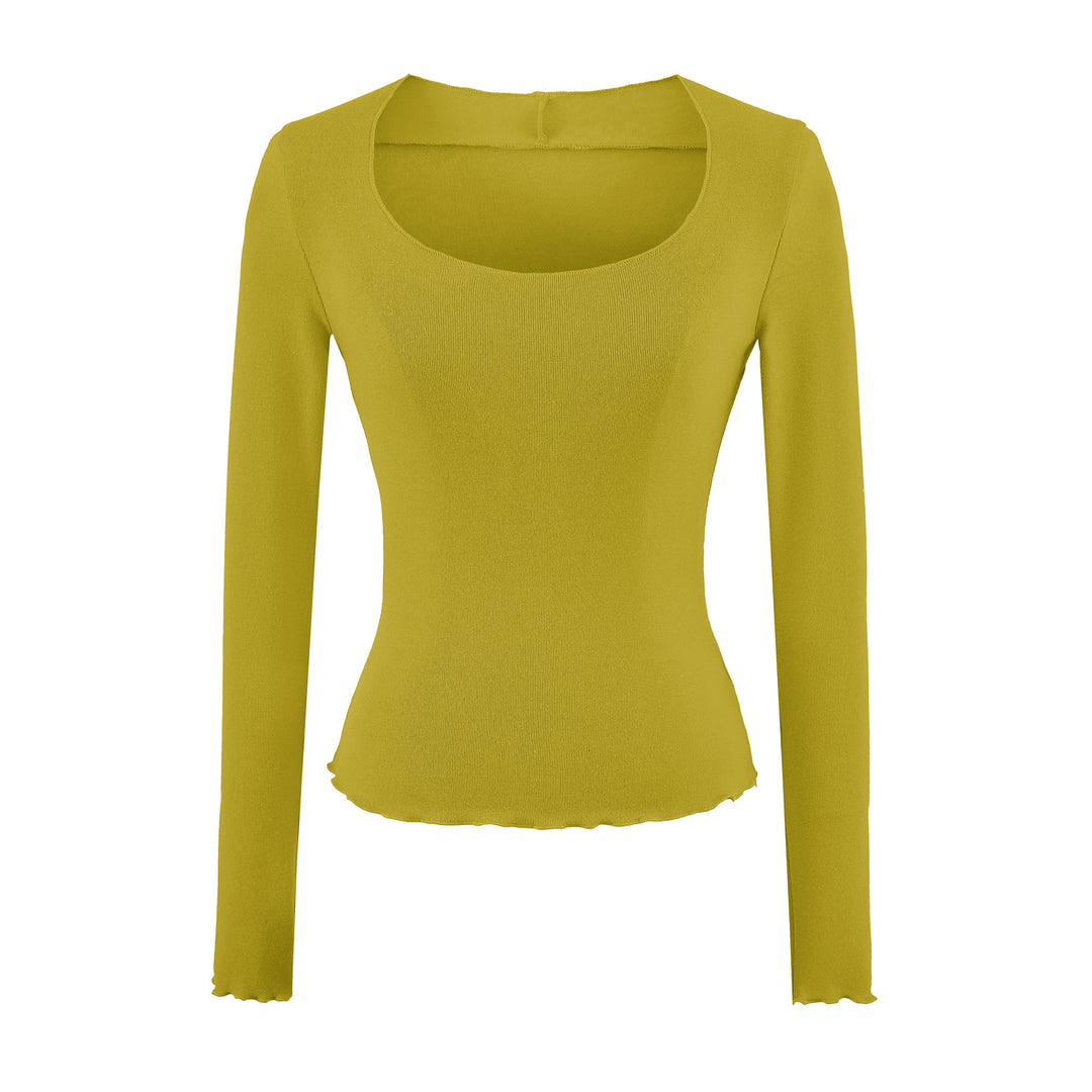 Damen Figurbetontes Langarm-Feinstrickshirt mit quadratischem Ausschnitt und Wellensaum Nord Taschen