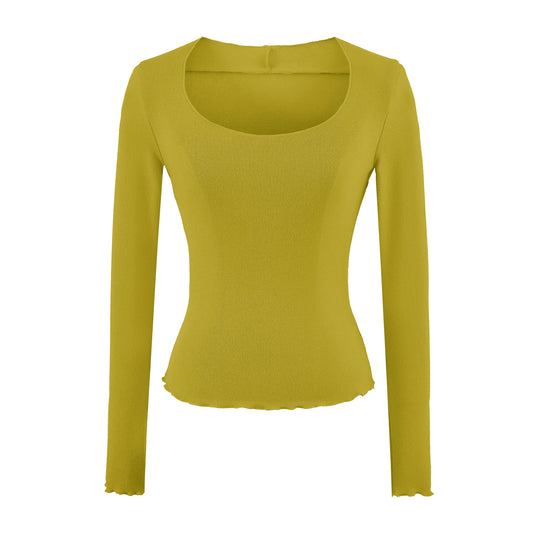 Damen Figurbetontes Langarm-Feinstrickshirt mit quadratischem Ausschnitt und Wellensaum Nord Taschen