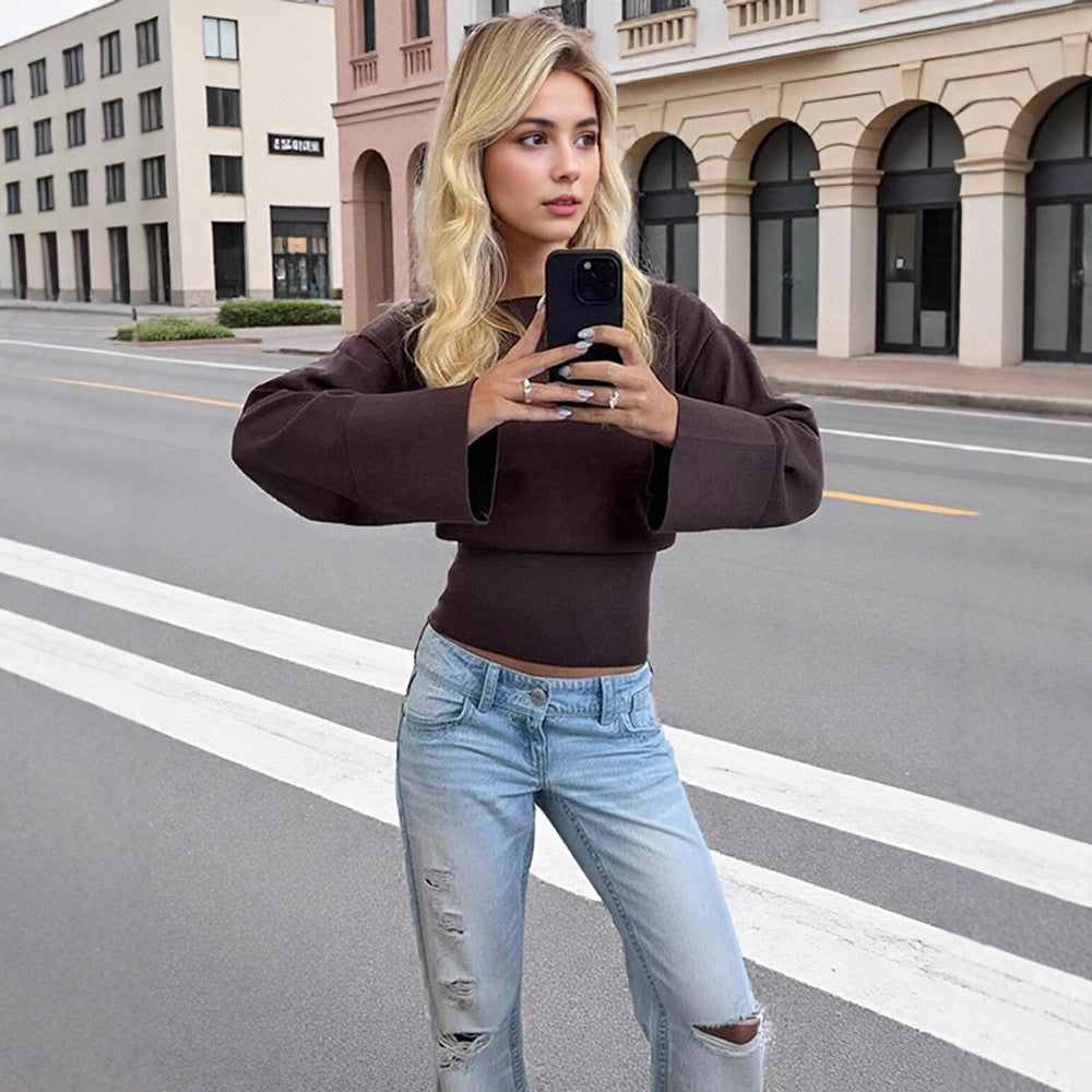Damen Cropped Feinstrick-Pullover mit weiten Manschettenärmeln und tailliertem Rippbund Nord Taschen