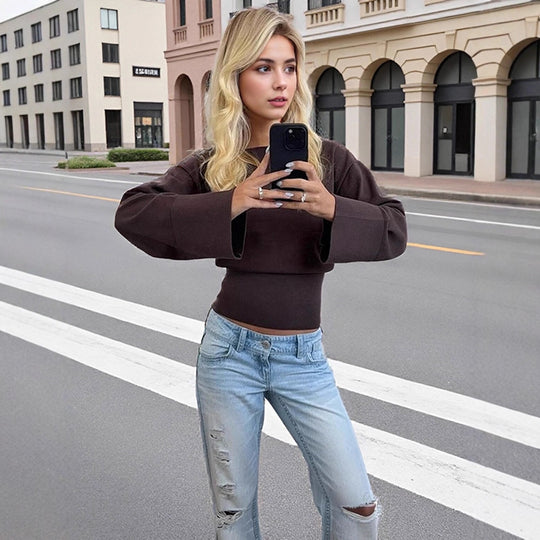 Damen Cropped Feinstrick-Pullover mit weiten Manschettenärmeln und tailliertem Rippbund Nord Taschen