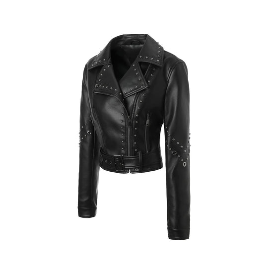 Damen Gekürzte Nieten-Bikerjacke mit Taillengürtel Nord Taschen