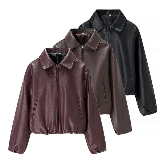 Damen Kurz geschnittener Lederimitat-Blouson mit Reißverschluss und Gummizugsaum Nord Taschen