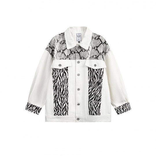 Damen Oversize-Jeansjacke im Patchwork-Tierprint mit Reverskragen und Pattentaschen Nord Taschen