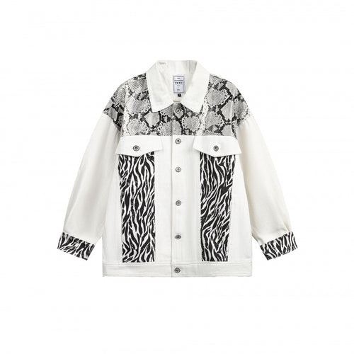 Damen Oversize-Jeansjacke im Patchwork-Tierprint mit Reverskragen und Pattentaschen Nord Taschen