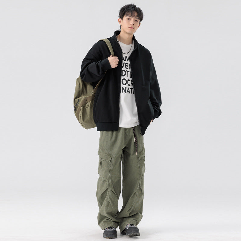 Herren Oversize Sweatjacke mit Stehkragen, durchgehendem Reißverschluss und geripptem Saum Nord Taschen