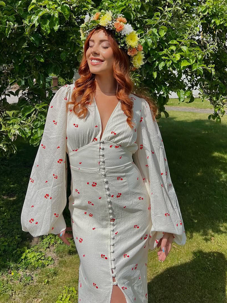 Damen Midikleid mit Puffärmeln, V-Ausschnitt und dekorativer Knopfleiste Nord Taschen