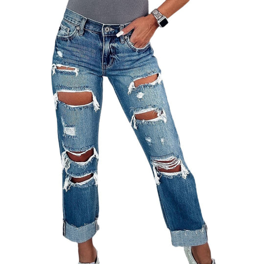 Damen Ripped Boyfriend Jeans im angesagten Vintage-Look mit weitem Bein