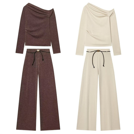 Damen asymmetrischer Feinstrick-Pullover mit Wasserfallkragen und taillierter Silhouette Nord Taschen