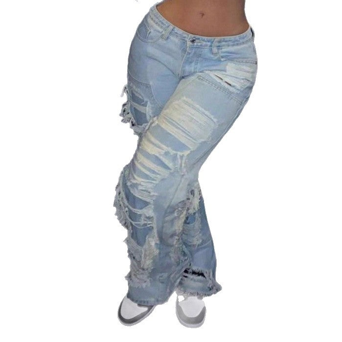 Damen Baggy-Denimhose mit extragroßen Destroyed‑Cutouts und weitem Bein Nord Taschen