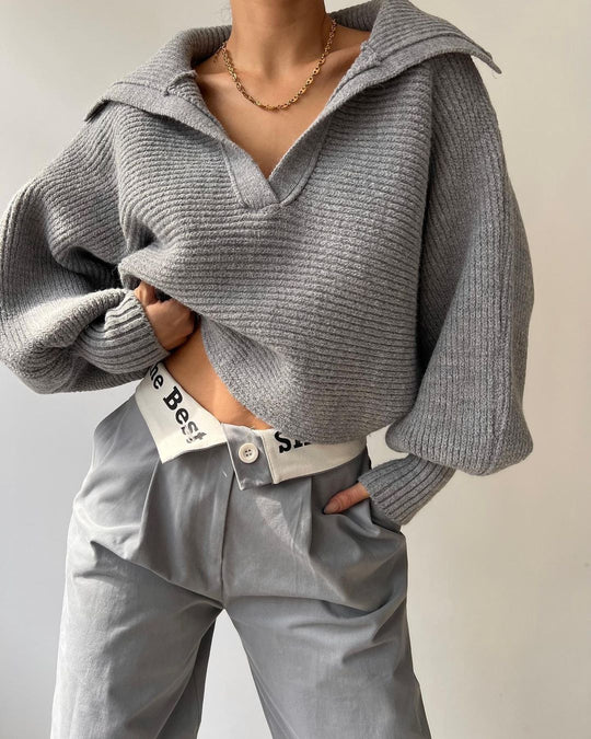 Damen Oversize Rippsweater mit Reverskragen und tiefem V‑Ausschnitt Nord Taschen