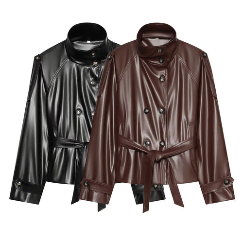 Damen Kurzer Trench‑Blouson in Lederoptik mit Taillengürtel, hohem Stehkragen und doppelter Knopfleiste Nord Taschen
