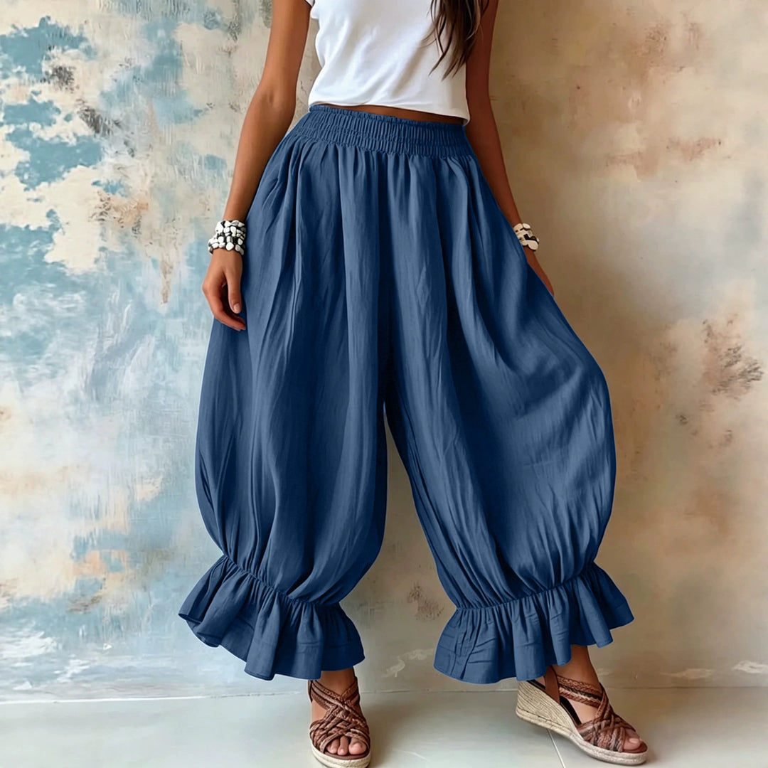 Damen Weite Haremhose mit Rüschenbündchen und Smok‑Taillenbund Nord Taschen