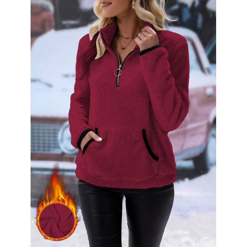 Damen flauschiger Fleece-Kuschelpullover mit halbem Reißverschluss, Kängurutasche und Stehkragen Nord Taschen