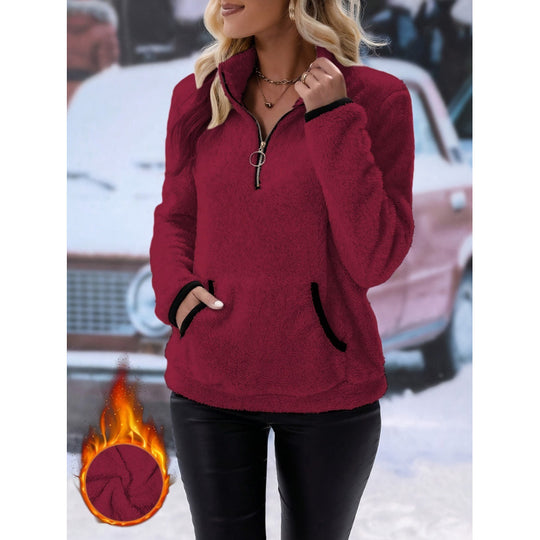 Damen flauschiger Fleece-Kuschelpullover mit halbem Reißverschluss, Kängurutasche und Stehkragen Nord Taschen