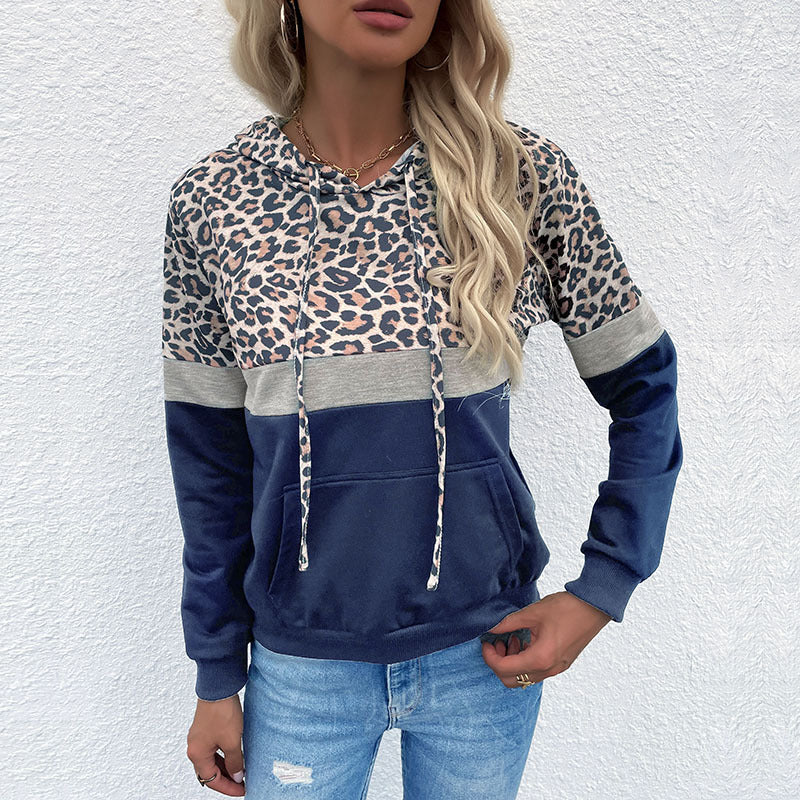 Damen Kapuzenpullover im Blockdesign mit Leopardenmuster, Kängurutasche und Tunnelzug Nord Taschen