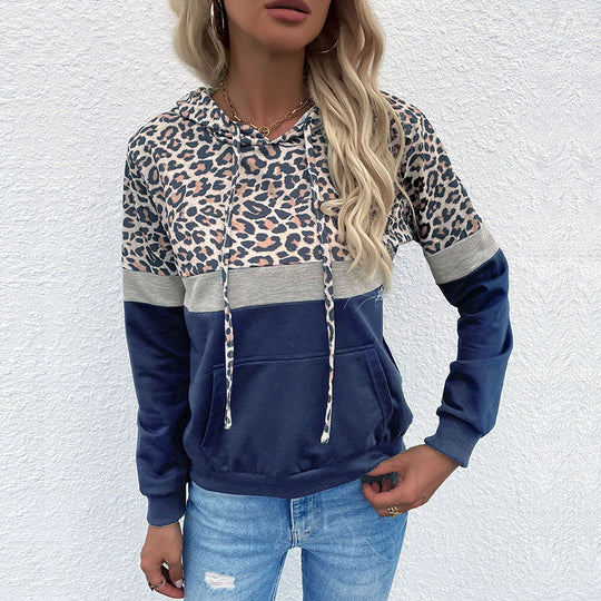 Damen Kapuzenpullover im Blockdesign mit Leopardenmuster, Kängurutasche und Tunnelzug Nord Taschen