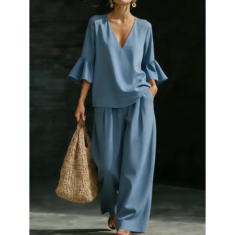 Damen Zweiteiliges V-Ausschnitt-Tunika-Set mit Volantärmeln und weitem hochtaillierten Palazzo-Hose Nord Taschen