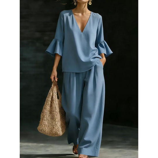 Damen Zweiteiliges V-Ausschnitt-Tunika-Set mit Volantärmeln und weitem hochtaillierten Palazzo-Hose Nord Taschen