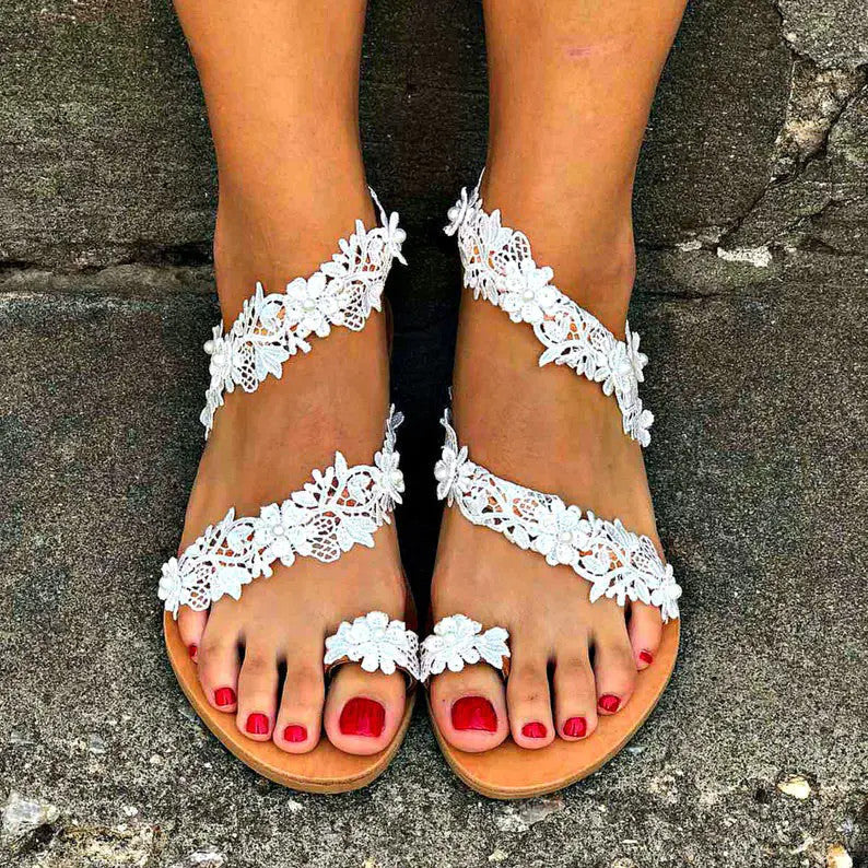 Damen Glamouröse und elegante Zehentrenner-Sandalen mit Perlenschmuck