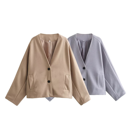 Damen Kurzjacke im Boxy‑Cut mit V‑Ausschnitt und Wollmix Nord Taschen