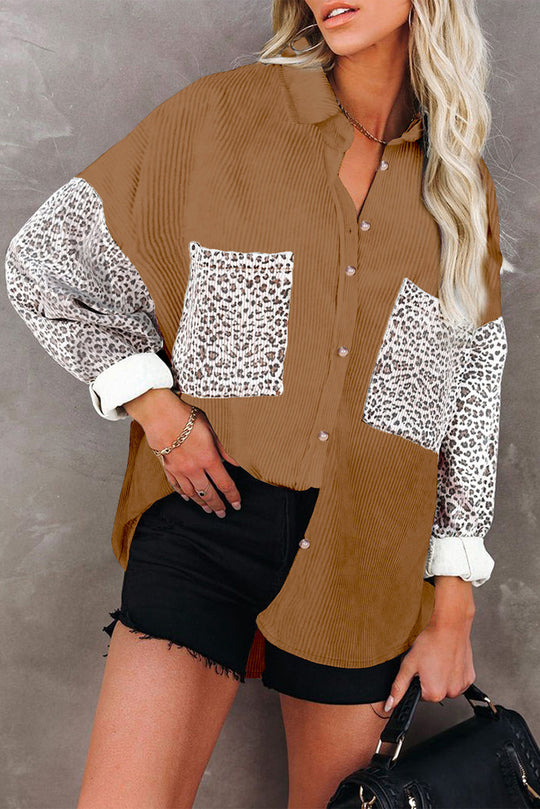 Damen Oversize-Hemdbluse mit Strukturstoff und Leo-Print Einsätzen Nord Taschen