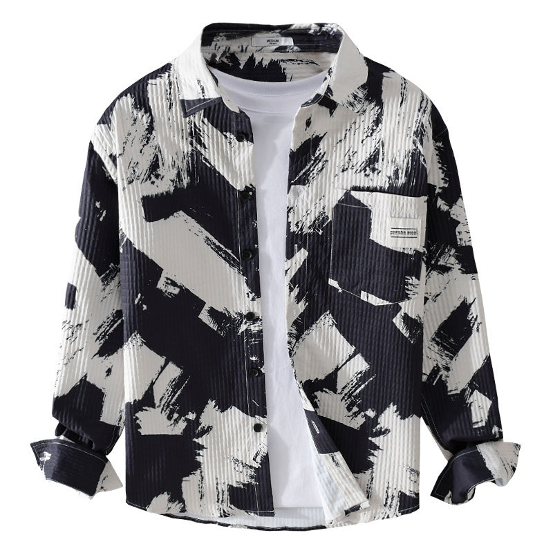 Herren Gekreppte Overshirt‑Hemdjacke mit abstraktem Pinselprint und Brusttasche Nord Taschen