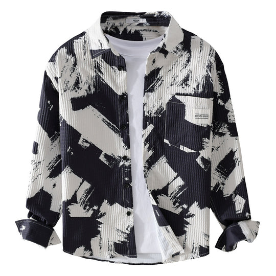 Herren Gekreppte Overshirt‑Hemdjacke mit abstraktem Pinselprint und Brusttasche Nord Taschen