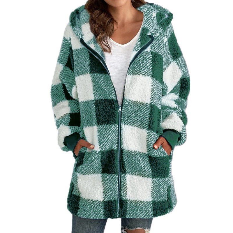 Damen Kariertes Teddy-Fleece-Mantel mit Kapuze und Reißverschluss Nord Taschen