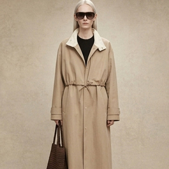 Damen Taillierter Mantel im Trenchcoat‑Stil mit Kordelzug‑Taille und Kontrastkragen Nord Taschen
