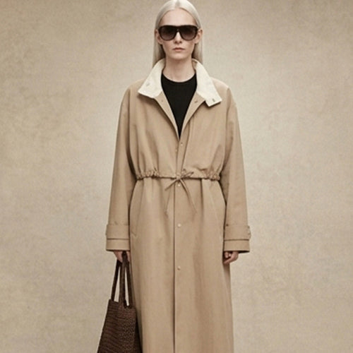 Damen Taillierter Mantel im Trenchcoat‑Stil mit Kordelzug‑Taille und Kontrastkragen Nord Taschen